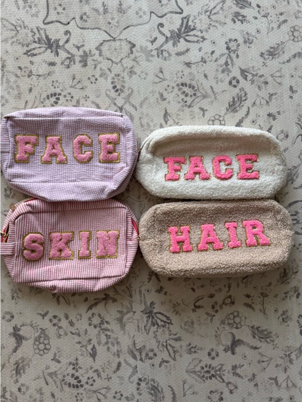 Set of 4 Pink Lettered Cosmetic Pouches - FACE SKIN HAIR
